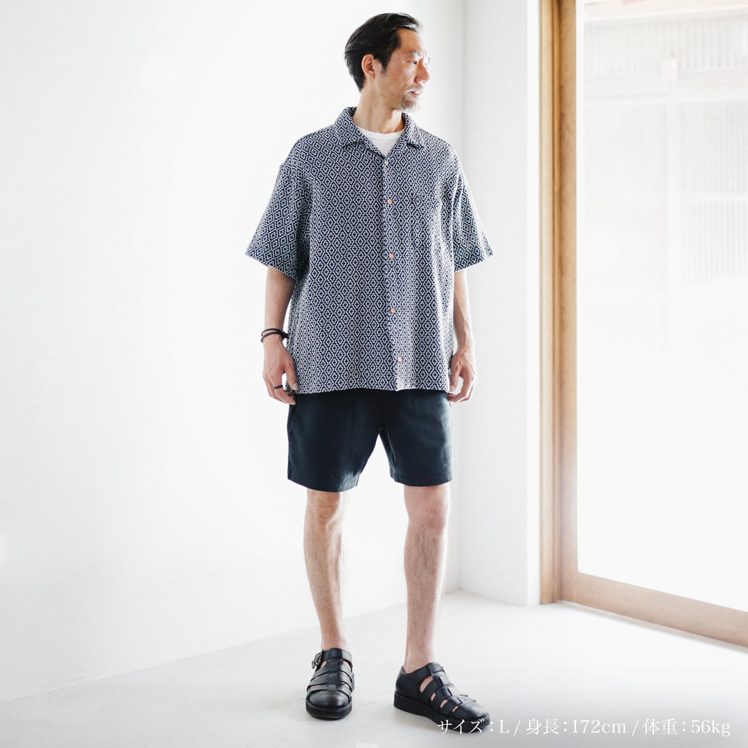 Limited Edition Col. / Sashiko " Kakinohana Moyo " Open Collar Shirt