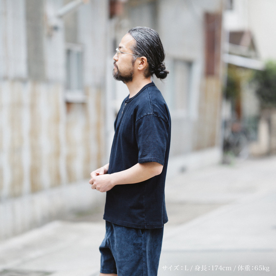Limited Edition Col. / 10oz " Amami Doro-Zome " Indigo Henley Neck T-Shirt